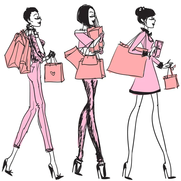 Chicas con bolsas de compras — Vector de stock