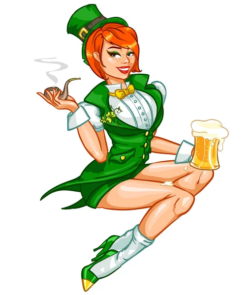 Leprechaun fille avec bière et pipe à fumer, Saint-Patrick — Image vectorielle