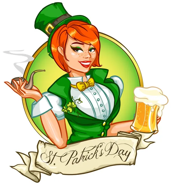 Leprechaun girl with beer and smoking pipe, St. Patrick's Day — Stock Vector