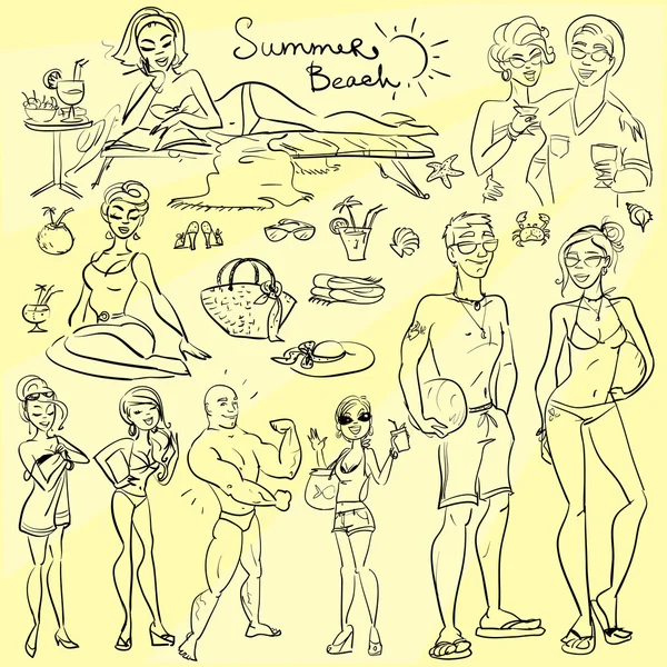 Stranden människor, sommaren doodles — Stock vektor