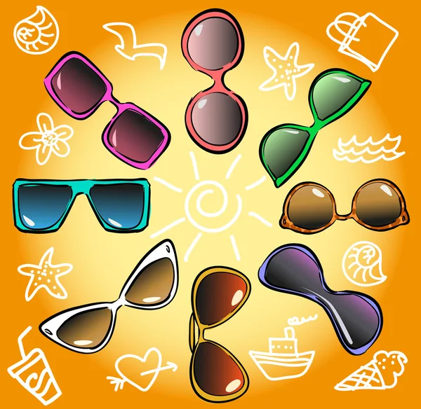 Sunglasses, different styles, sketch — Stock Vector