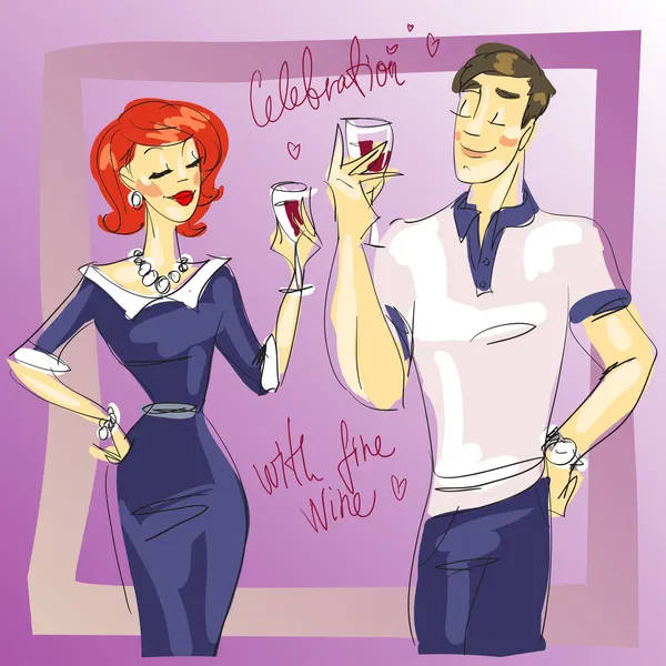 Homme et femme buvant du vin — Image vectorielle