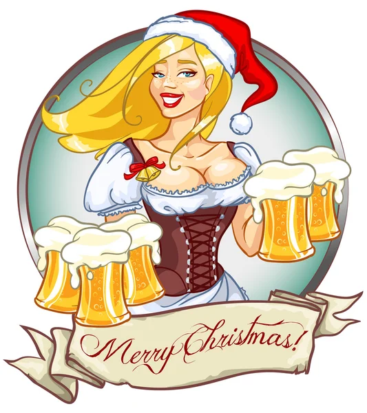 Santa girl avec bière, Noël ou Nouvel An fête — Image vectorielle