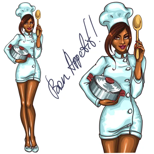 Pretty Chef with pot and spoon. — Stock Illustration Pretty Chef with pot and spoon. Vector Graphics