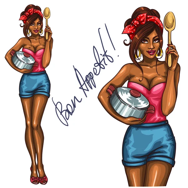 Housewife with pot and spoon. — Stock Illustration Housewife with pot and spoon. Royalty Free Stock Illustrations
