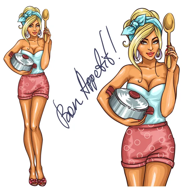 Housewife with pot and spoon — Stock Illustration Housewife with pot and spoon Stock Vector