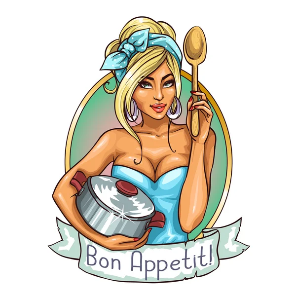 Housewife with pot and spoon — Stock Illustration Housewife with pot and spoon Royalty Free Stock Illustrations