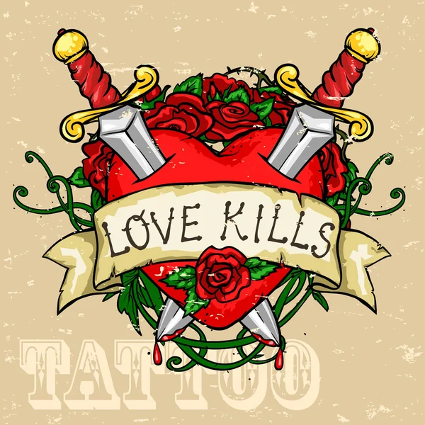 Stiker love kills Vector label with skull rose birds ribbon and the  words love kills  web graphics tattoo  CanStock