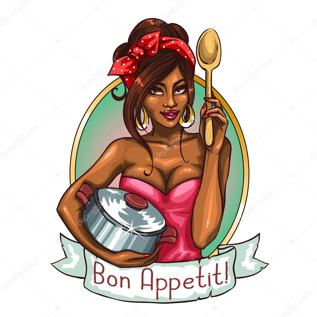 Housewife with pot and spoon Stock