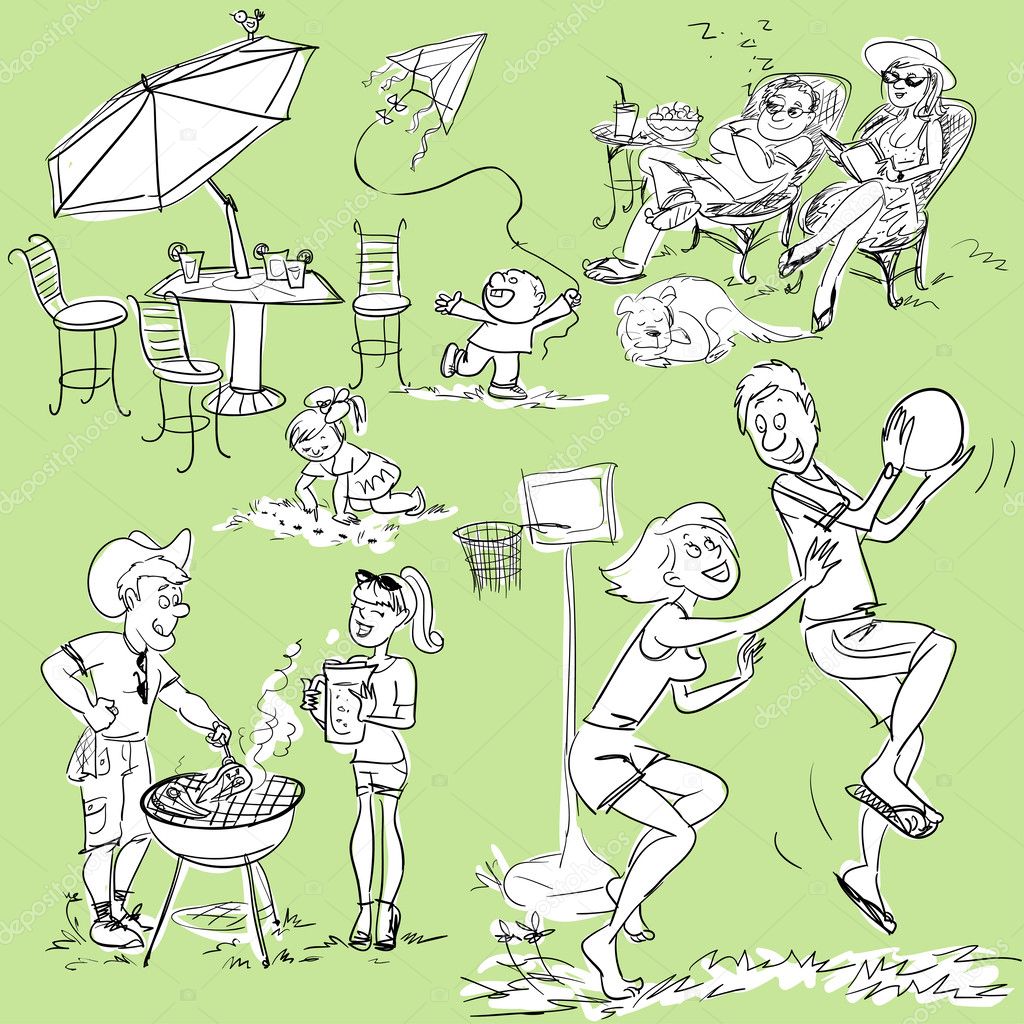 People at BBQ party, doodles