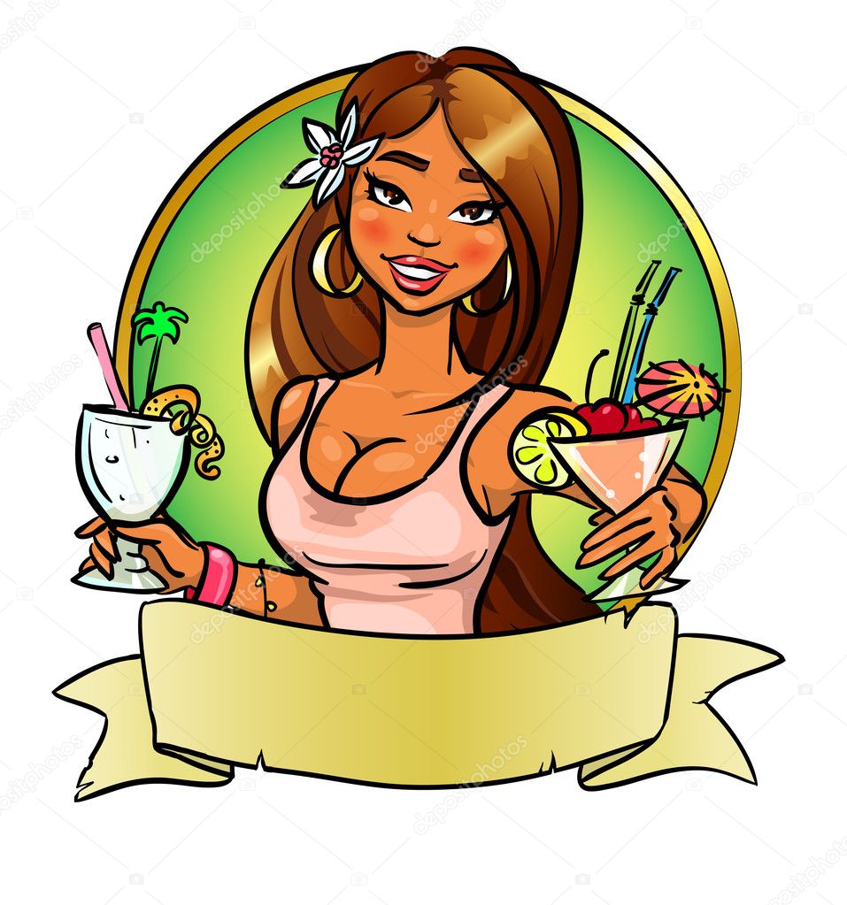 Sexy girl with two cocktails, logo design with space for text, party invitation card