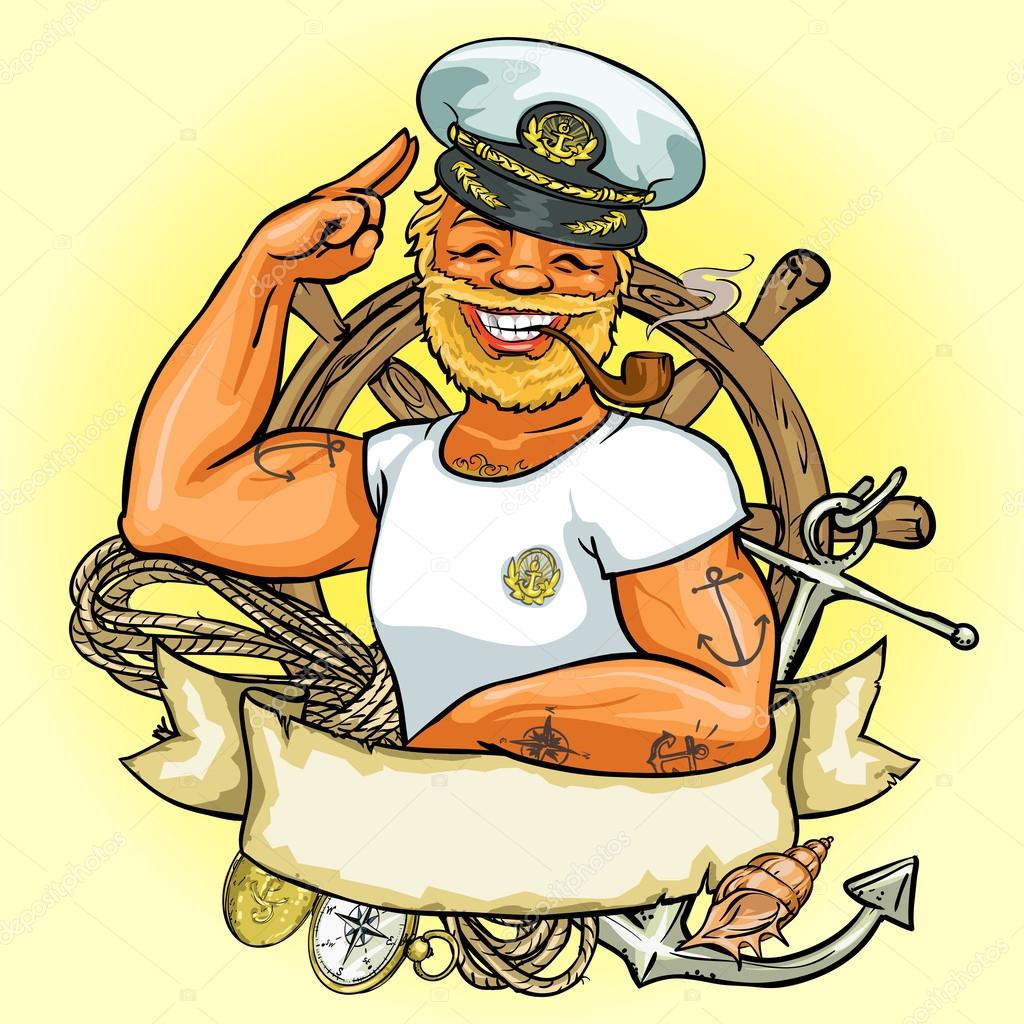 Sailor logo design, Vector Illustration with ribbon banner and space for text