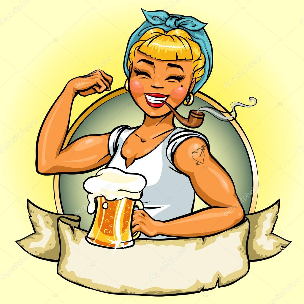 Retro Girl logo design, Vector Illustration with ribbon banner and space for text