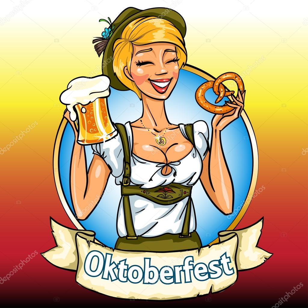 Bavarian girl with beer and pretzel, Oktoberfest label