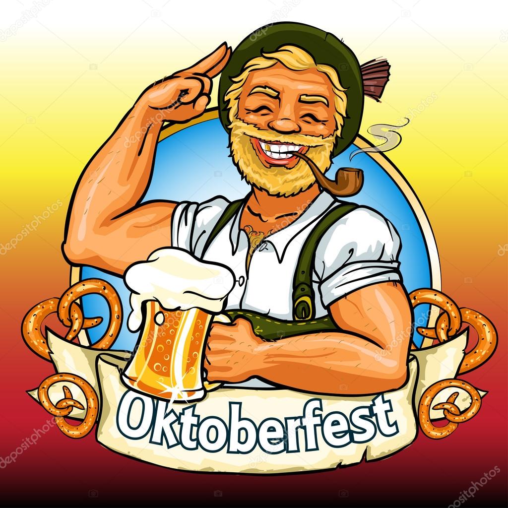 Bavarian man with beer and smoking pipe, Oktoberfest label