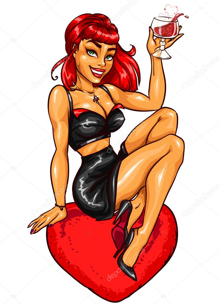 Pin Up Girl with cocktail sitting on a heart