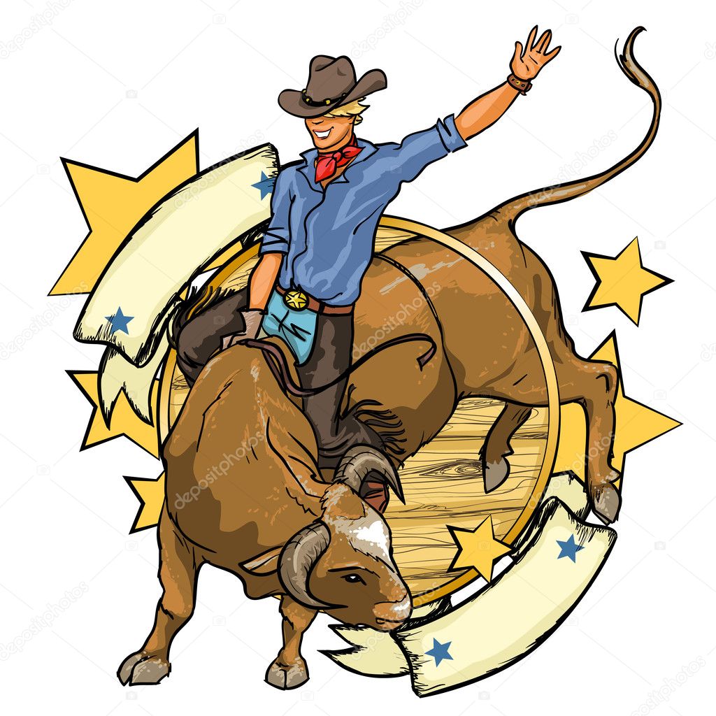 Rodeo Cowboy riding a bull, logo design with space for text, isolated