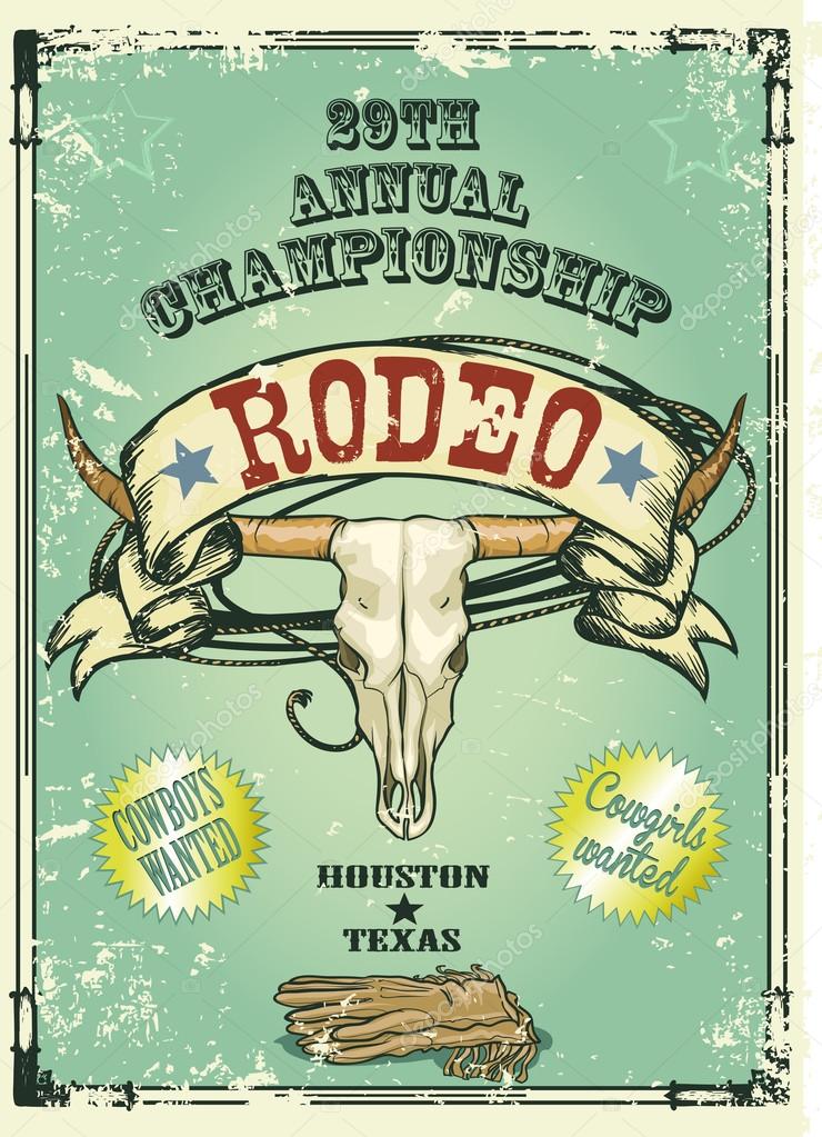 Retro style Rodeo Championship poster with longhorn skull, ribbon banner and sample text on it. Text and grunge effect are removable