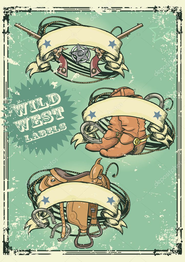 Retro style Wild West logos design with ribbon banners and space for text on it. Grunge effect is removable