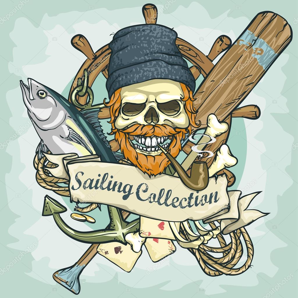 Fisherman skull logo design - Sailing Collection, Vector Illustration with sample text