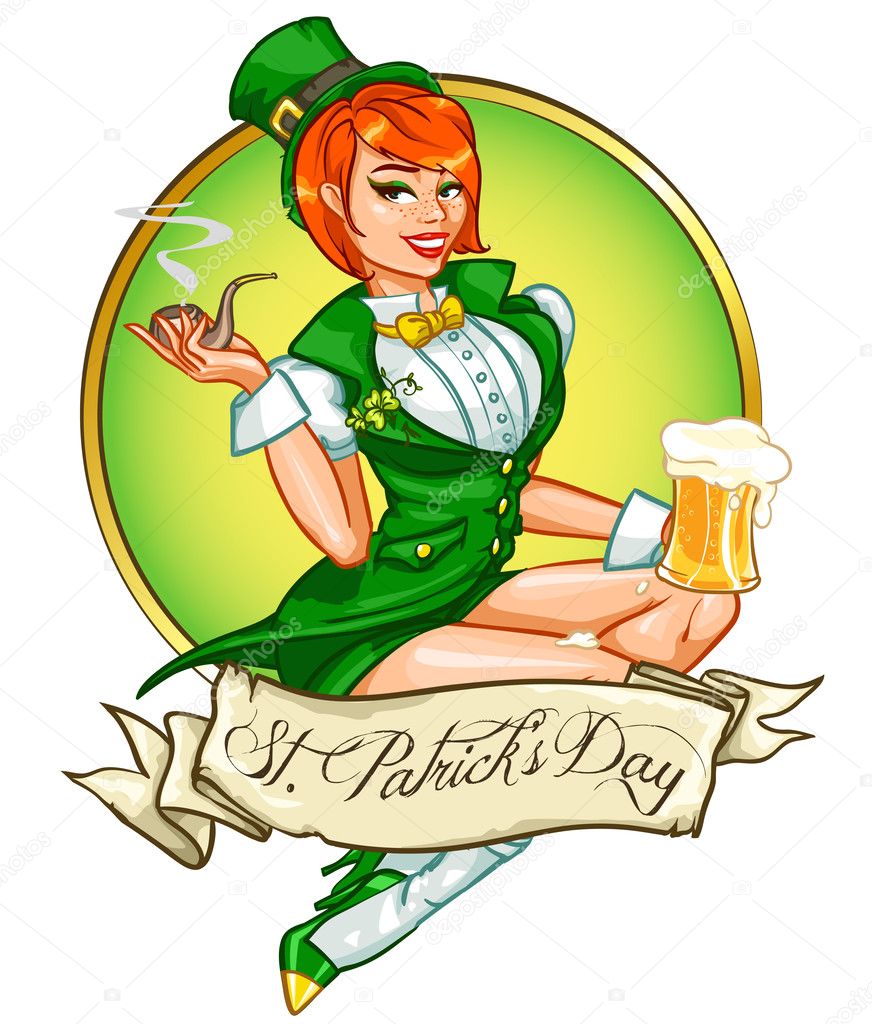 Leprechaun girl with beer and smoking pipe, St. Patrick's Day