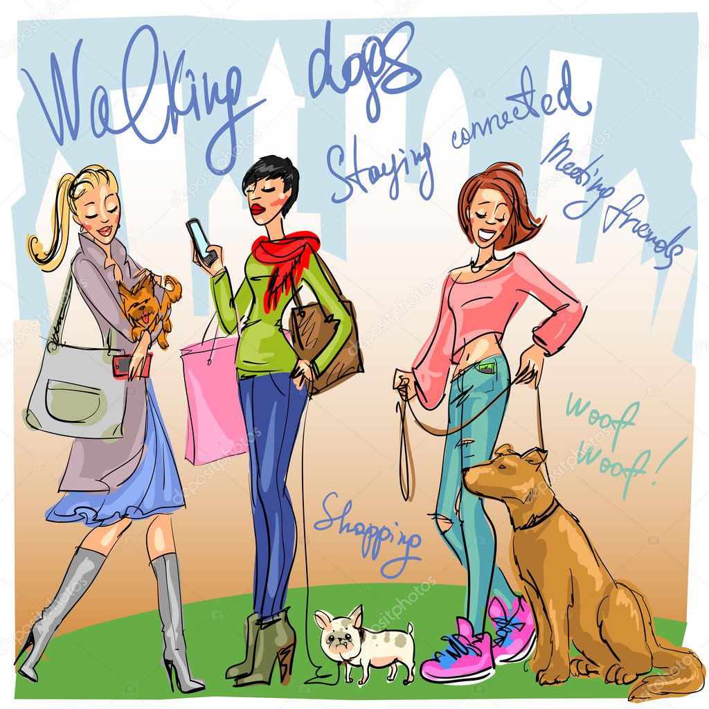 Women with cell phones walking dogs