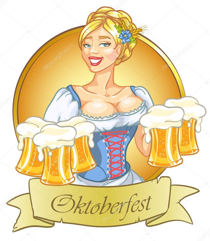 Oktoberfest girl with beer, woman with glasses of beer isolated