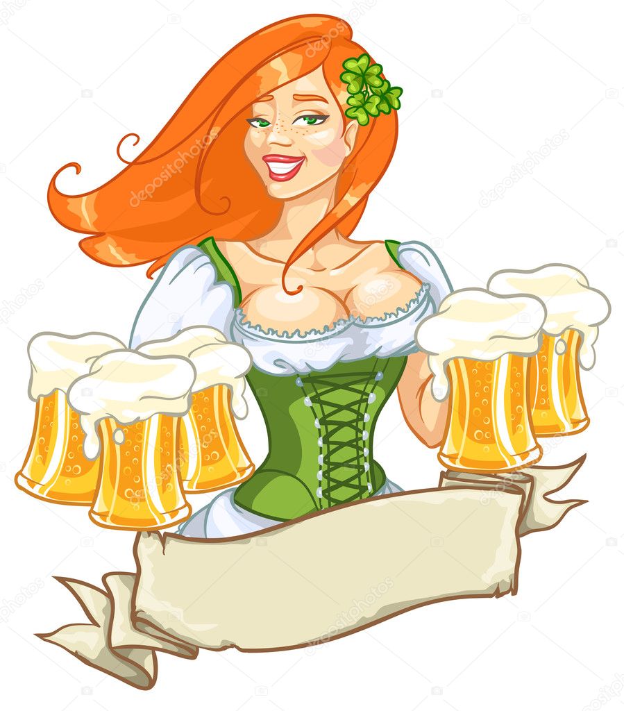 Pretty red hair girl with beer, St. Patrick's Day logo design with space for text, isolated