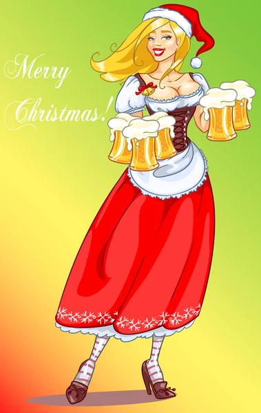 Santa chica con cerveza, Navidad o invitación a la fiesta de Año Nuevo — Vector de stock