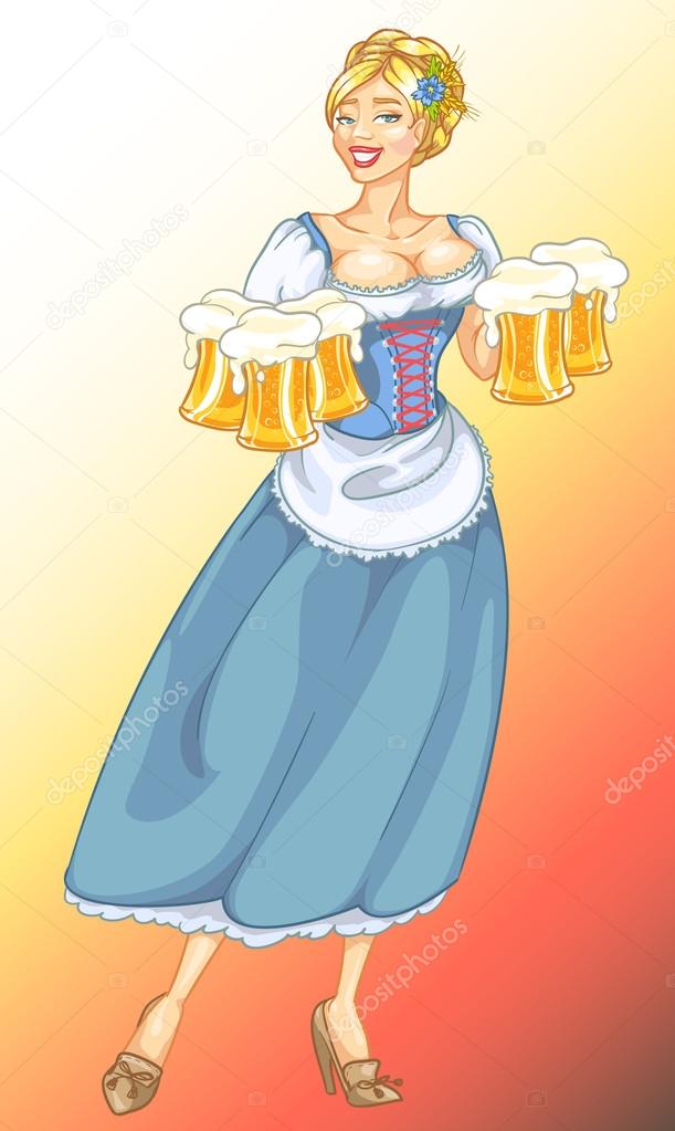 Oktoberfest girl with beer, woman with glasses of beer isolated