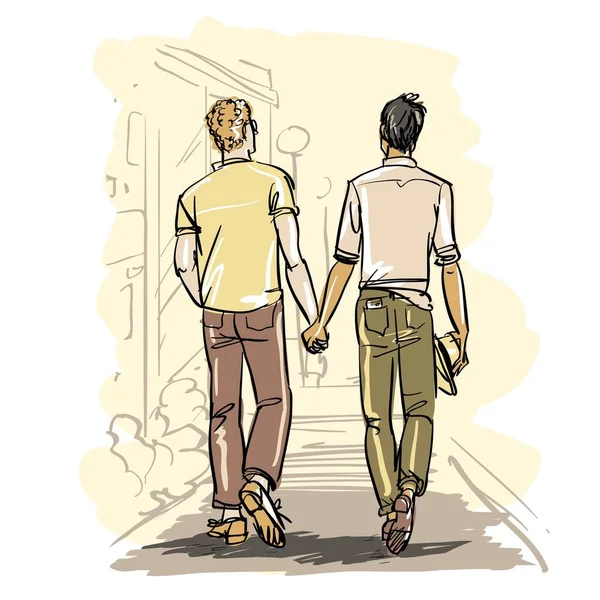Happy men together. Gay couple. Hand drawn illustration.