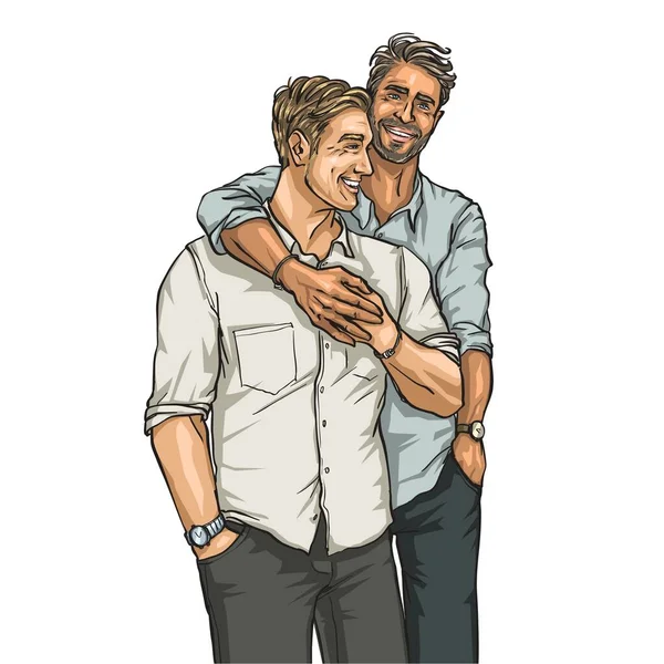 快乐的男人在一起同性恋夫妇 手绘插图 — 图库照片