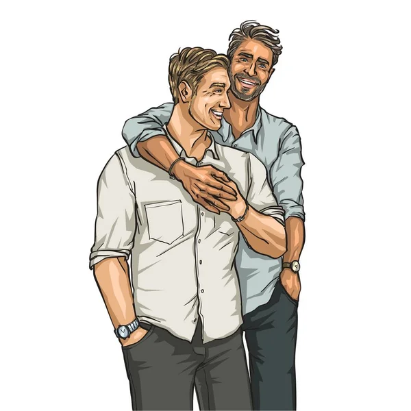 Happy men together. Gay couple. Hand drawn illustration.