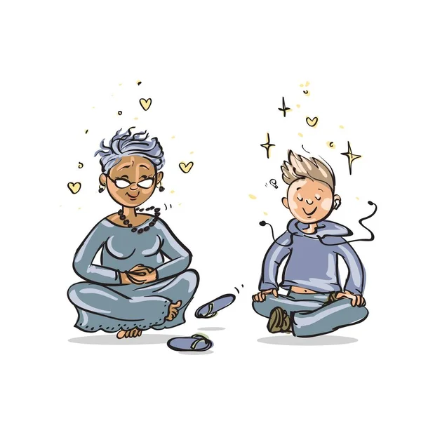Meditating People. Cartoon vector drawing of a grandmother and her nephew practicing together. Funny cute characters or a different age.