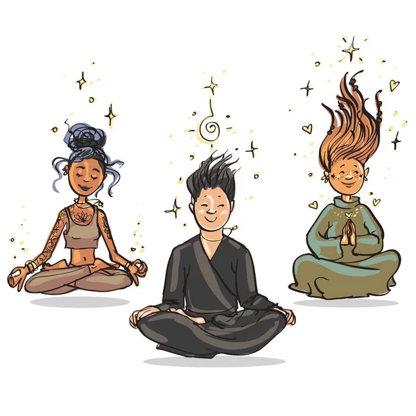 Meditating people. Cartoon vector illustration. Friends meditate together. Soul mates.