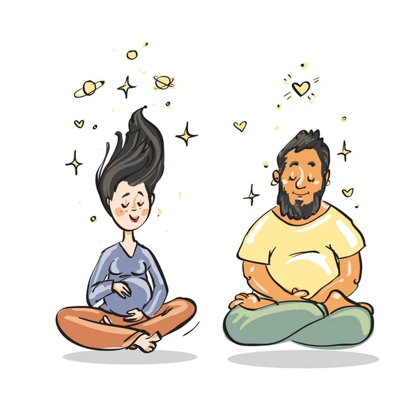 瞑想の人々 漫画のベクターイラスト 男性と妊婦が一緒に瞑想します 魂の友よ — ストック写真