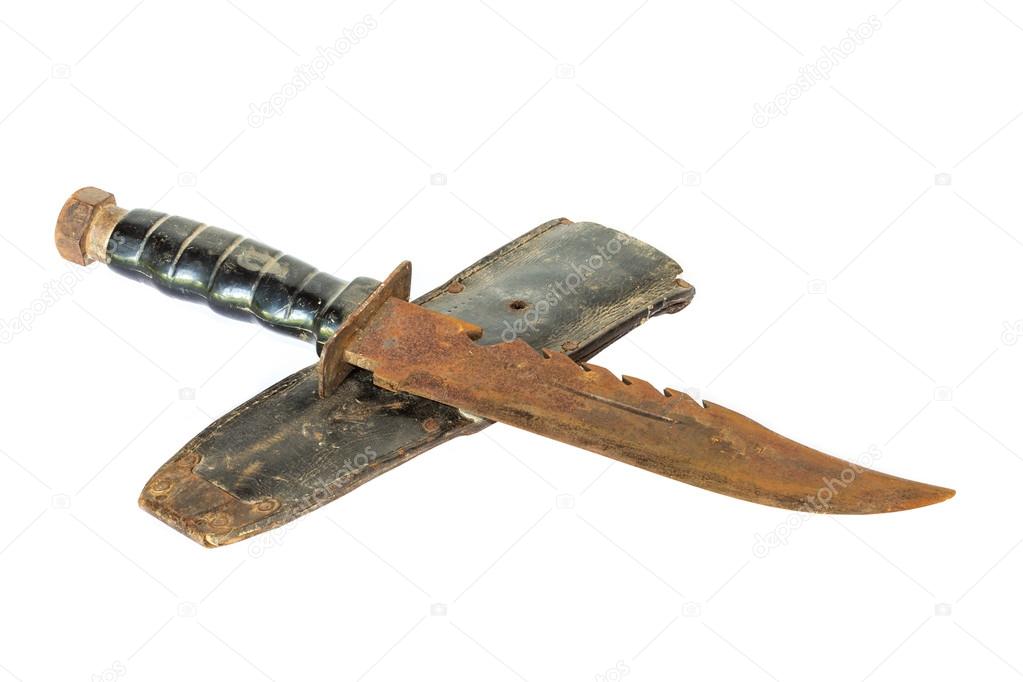 Old rusty knife on white background