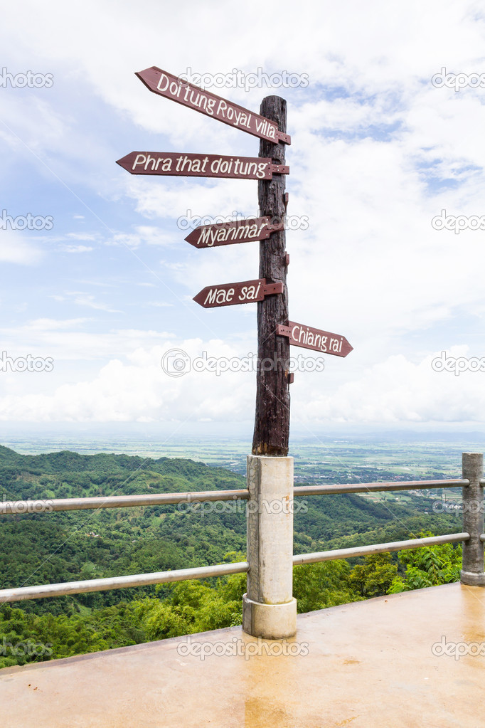 Wooden sign giving directions. Viewpoint Doi Tung