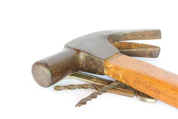 Vintage hammer with nails and wood on white background — Stock Photo, Image