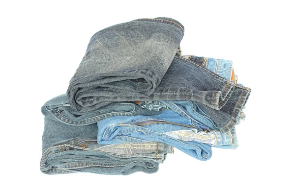 Stack av blå denim kläder — Stockfoto