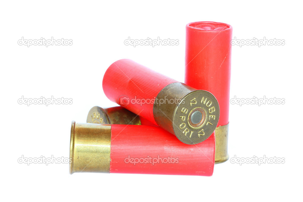 Red shotgun ammo on white background 