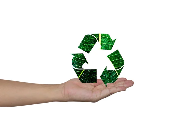 Flechas de reciclaje de hoja verde en las manos de la mujer Ecología Conc —  Fotos de Stock