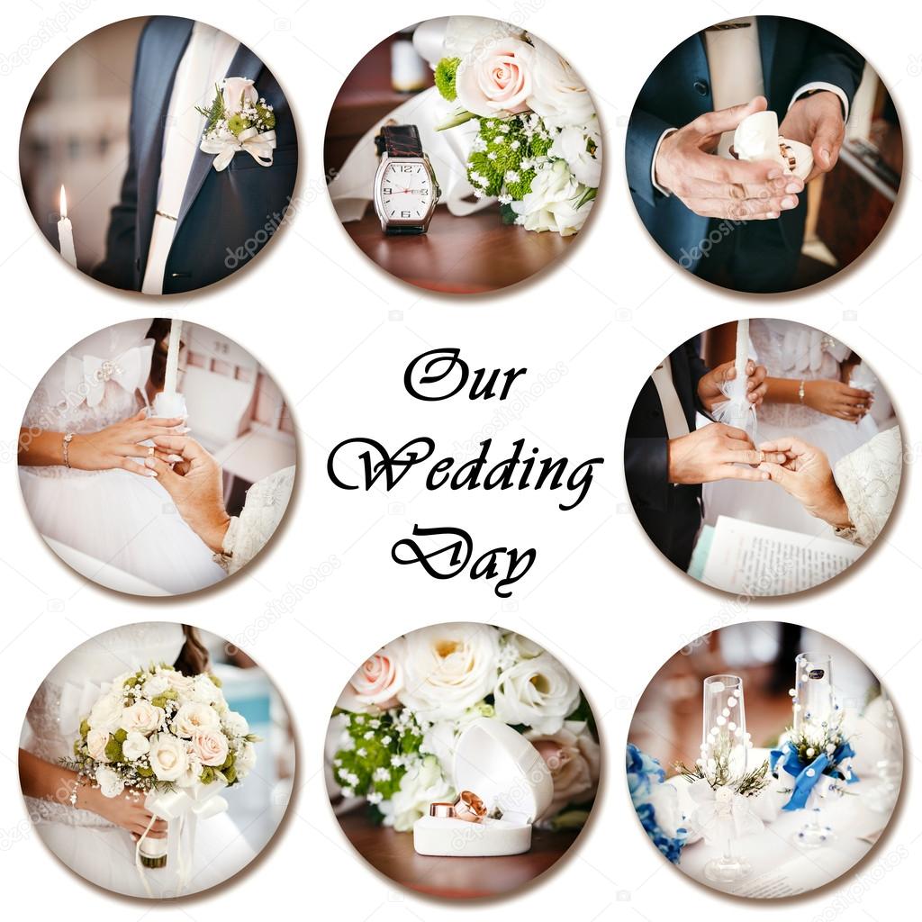 Collage of wedding photos on white background