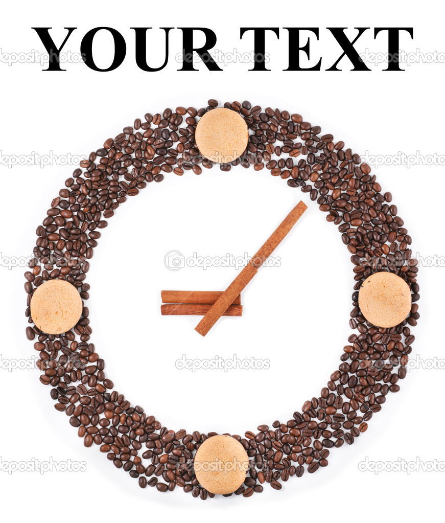 Clock from coffee beans, biscuits and cinnamon sticks