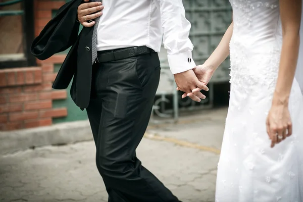 Groom and bride walk and hold each others hands — Stock Photo, Image