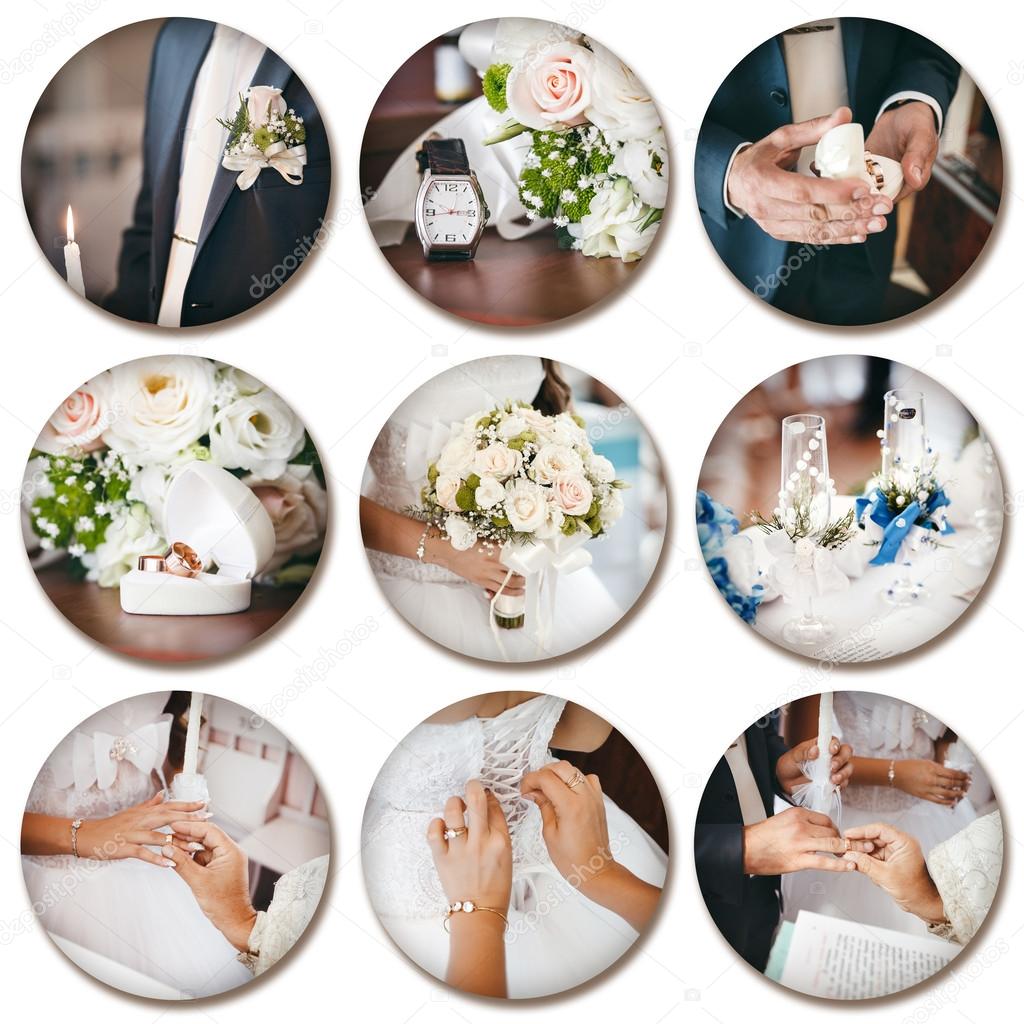 Wedding theme collage composed of different images on white back