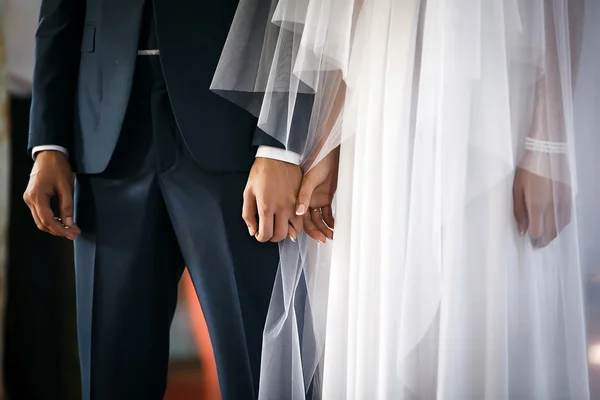 Bride and groom hold each other's hand for fingers. — Stock Photo, Image