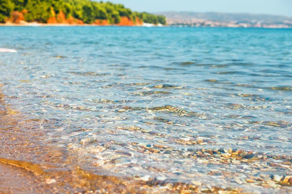 希腊哈尔基迪基海滩上的水晶般清澈的海水。浅层 图库图片