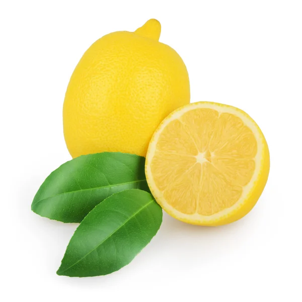 Лимон і скибочка з листям ізольовані на білому — стокове фото