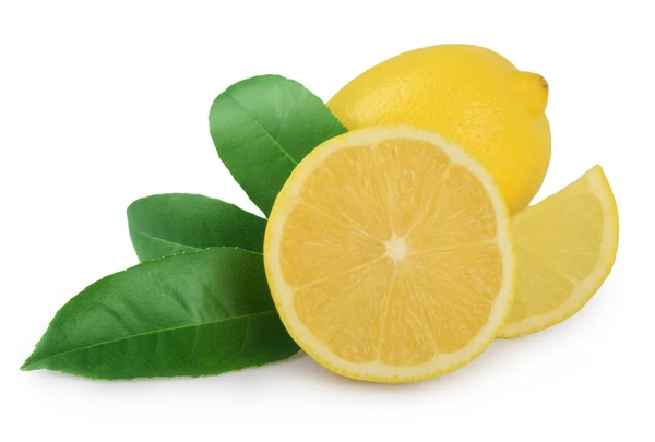 Лимон і скибочка з листям ізольовані на білому — стокове фото